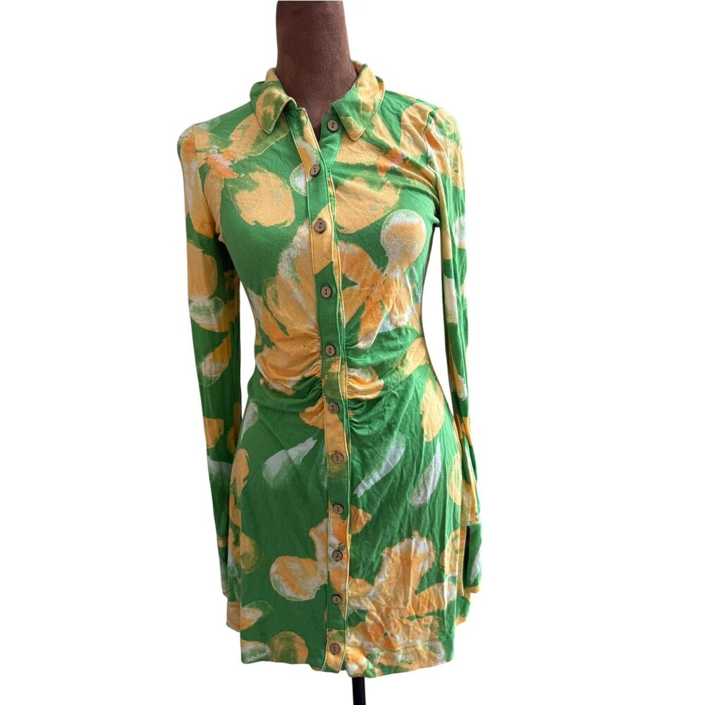 Free People Long Sleeve Ruched Shirt Dress Floral Print Top Streetwear Size S